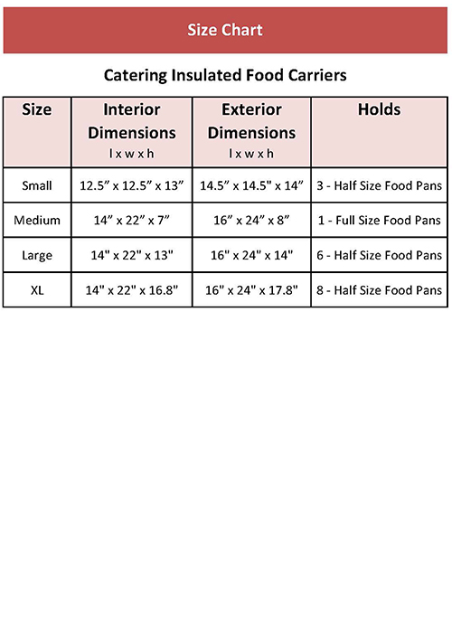 Size Chart for Catering